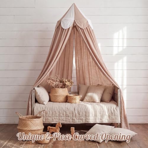 Bed Canopy with Scalloped Edge, 2 Panel Striped, Khaki
