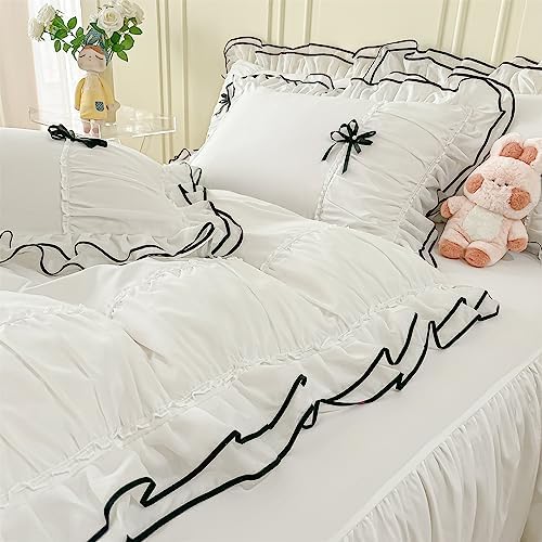 IHOUSTRIY White Duvet Cover Queen Size, Ruffle Beddding Set with Bowtie, 3 Pieces Comforter Cover Set with Zipper Closure, Girl Bedding with Pillowcase - Whte, Queen