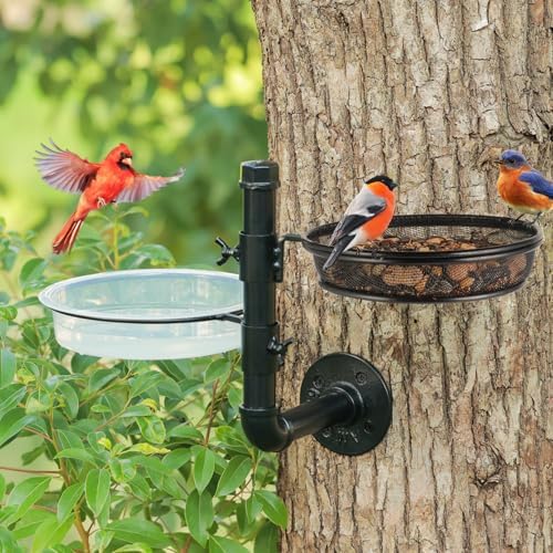 Urban Deco Metal Wall Mounted Bird Feeder & Bath Combo for Balcony, Fence, Yard — Detachable Seed Tray + 2 Water Bowls, Easy Clean, Black | Attracts Cardinals, Chickadees, Finches