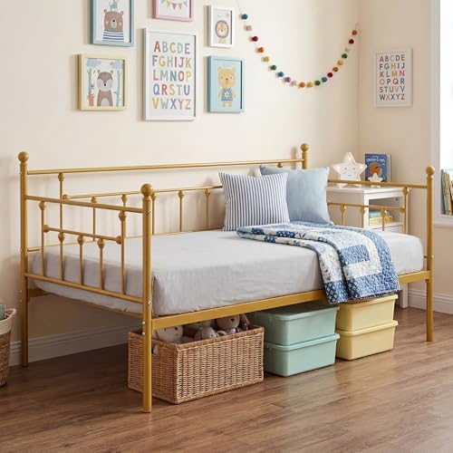 VECELO Twin Size Daybed Frame Metal Steel Slat Support with Headboard Sofa Bed Platform for Living Room, Guest Room, Easy Assembly, Gold