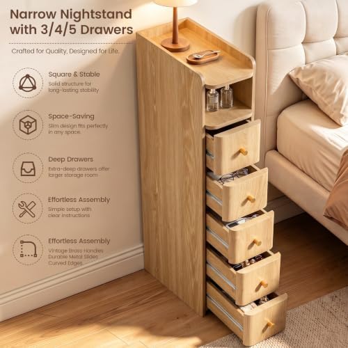 FurSch 37”H Tall 7.87”W Narrow Nightstand with 5 Drawers for lofted Dorm
