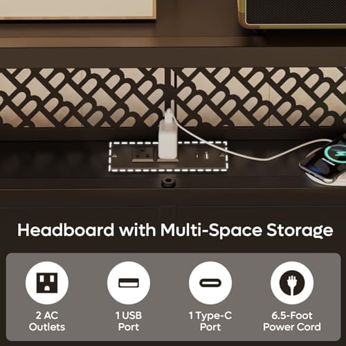 Bestier King Bed Frame with Horizontal Golden Stripe Storage Headboard&LED Nightstands, Metal Platform Bed with Charging Station, Heavy Duty Metal Slats, No Box Spring Needed, Noise Free(Matte Black)