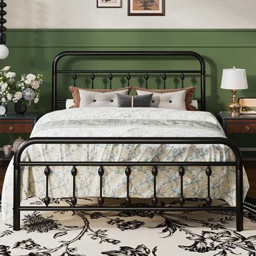 SHA CERLIN Full Metal Bed Frame with Victorian Iron-Art Headboard, Black