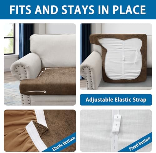 T Cushion Sofa Slipcovers Leather-Look 2PC Stretch Sofa Cushion Covers for 2 Cushion Couch Individually Couch Seat Cover with Elastic Bands, Pet-Friendly, Non-Slip, Easy Fit - Light Brown
