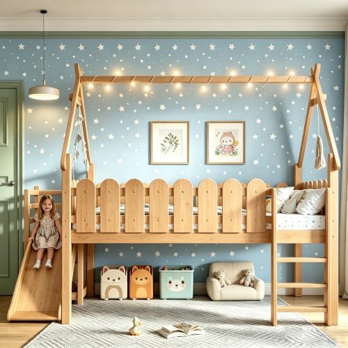 Bellemave Low Loft Bed Full with Slide and Lights Strip for Kids, Natural