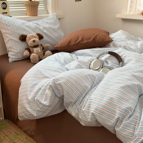 mixinni Vintage Striped Queen Duvet Cover Set, Washed Microfiber Coastal Bedding, Light Blue Brown Vertical Stripe Comforter Cover with Zipper & Corner Ties, (1 Duvet Cover + 2 Pillowcases)