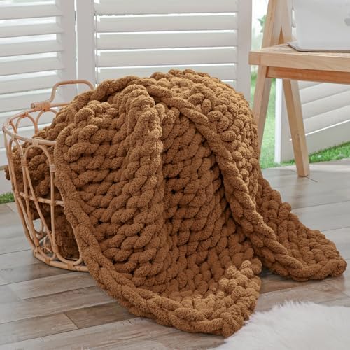 Bigacogo Chunky Knit Throw Blanket for Couch, 40x60 inches, Caramel
