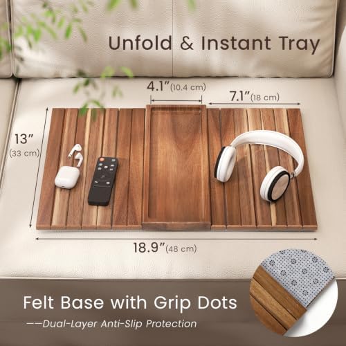 Acacia Wood Folding Sofa Arm Tray with Anti-Slip Pad