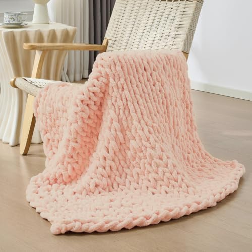 Bigacogo Chunky Knit Throw Blanket for Couch, 40x40 inches, Peach Fuzz