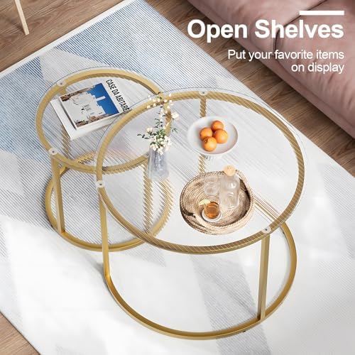 aboxoo Nesting Coffee Table Set of 2, Small Round Glass Nesting Tables for Living Room Bedroom, Accent Tea Table with Gold Metal Frame Modern Industrial Simple