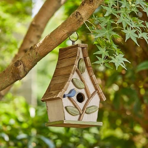 Glitzhome Bird Houses for Outside, 9.5" H Hanging Bird House Distressed Solid Wood Decorative Garden Birdhouse for Outdoors with Natural Wood Pallet Roof and 3D Tree,Washed White