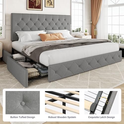 Allewie King Size Storage Bed Frame with 4 Underbed Drawers, Upholstered Platform Bed with Adjustable Headboard, Diamond Button Tufted, Easy Assembly, Noise-Free, No Box Spring Needed, Light Grey