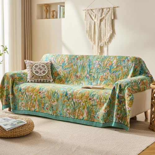 VANJOROY Boho Throw Blanket, 100% Organic Cotton Breathable Skin-Friendly Ultra Soft 60" x 80" Bed Quilt Green Leaf Throw - Floral Rustic Luxury Reversible Blanket for Sofa Couch Chair and Gift,