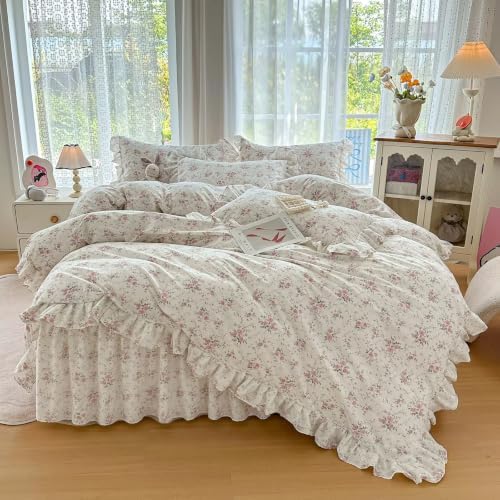 Pink Floral Muslin Duvet Cover Set 3 Pcs,68"×86" Twin Bedding