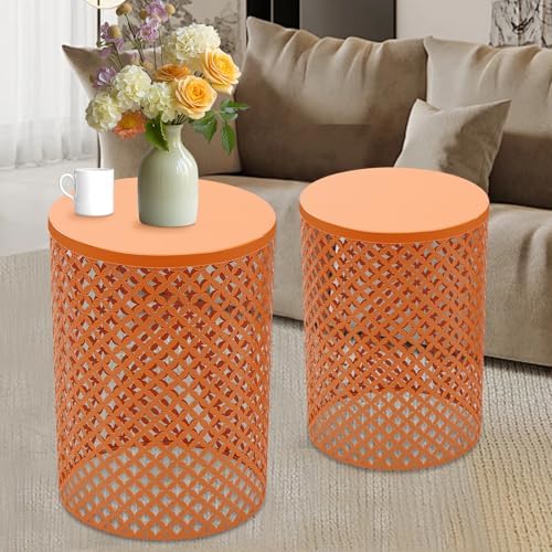 Metal Frame Accent Table,Cylindrical Outdoor Side Table,Decorative Garden Stool,Set of 2 Nesting Side Table,Modern Decorative Garden Stool for Patio Balconies Cafes Parks (2, Orange)