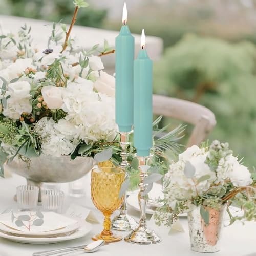 NJAO HOO Mint Green Short Taper Candle 7 Inch Candlesticks Unscented Dripless Tapered Candle Set for Spring Home Decor Wedding Party Dinner Candles, 4 Pack