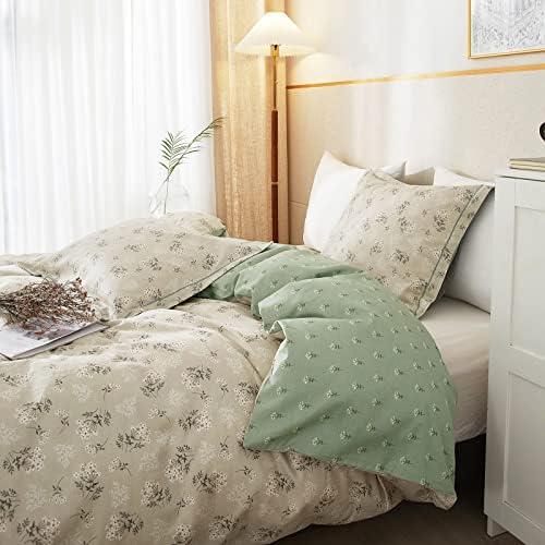 mixinni Boho Chic Printing Beige Duvet Cover Set Twin XL Vintage Green Floral Soft Cotton Bedding Comforter Cover with 1 Flower Duvet Cover 2 Pillowcases Perfect for Girls-(3pcs, Twin XL)
