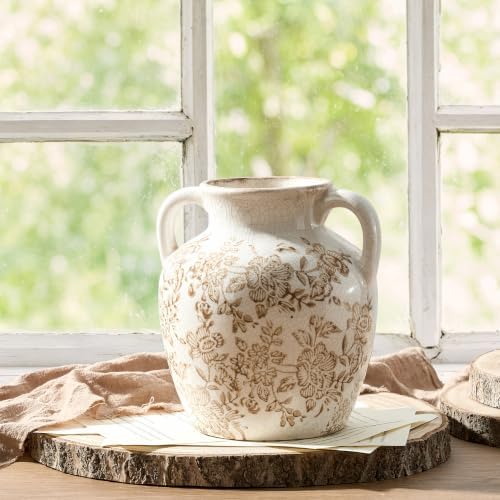 Ceramic Vintage Vase, Utensil Holder, Flower Decorative Vase with Handles, Chinoiserie Decor Rustic Farmhouse Retro Floral Vases for Table Bookshelf Mantel Kitchen Living Room Office - 6.7” Brown 018