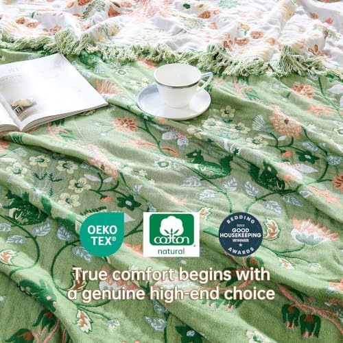 VANJOROY Boho Throw Blanket, 100% Organic Cotton Breathable Ultra Soft 91" x 108" King Bed Quilt Throw - All Season Floral Rustic Farmhouse Decor Luxury Blanket for Sofa Couch Chair and Gift