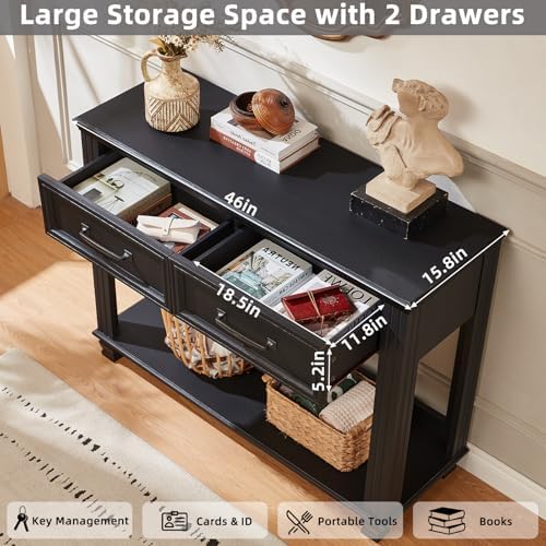 SAVOR LIFE 46" Farmhouse Console Table with Drawers, Black Entryway Table