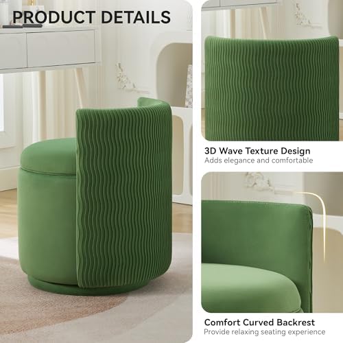 WUTUTUEE Velvet Vanity Chair with Storage, 360° Swivel Makeup Chair with Wave Back, No Assembly Small Accent Stool for Bedroom, Dressing, Living Room, Green