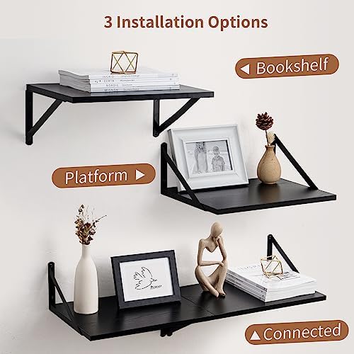 Axeman Deep Floating Shelves for Wall, 16W x 12D Black Floating Shelves Set of 2, 12 Inch Deep Large Wall Mounted Shelves for Living Room Bedroom Bathroom