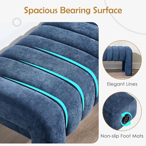 43.3" Bedroom Bench, Upholstered Entryway Bench, Modern End of Bed Ottoman with Solid Wood Legs and Adjustable Foot Pegs for Entryway, Dining Room and Living Room (Blue Chenille)