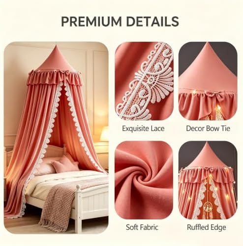 Kertnic Lace & Bow Decor Princess Canopy for Girls Bed, Soft Ruffled Playing Tent Canopy Room Decoration Castle, Reading Nook Canopies in Home (Red Bean)