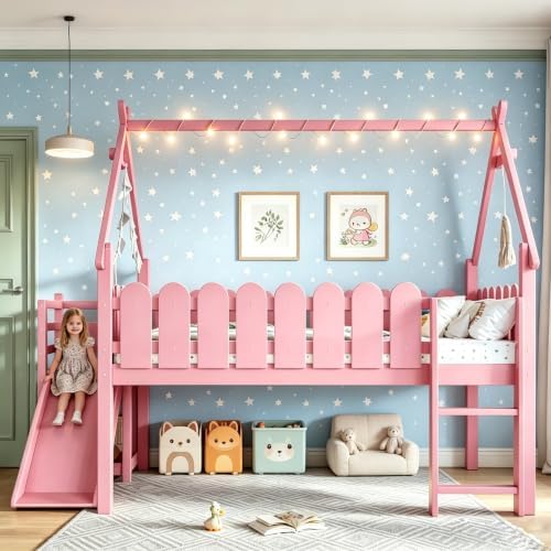 Bellemave Low Loft Bed Full with Slide and Lights Strip for Kids, Pink