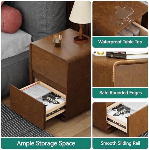 15.8" W Faux Leather Narrow Nightstand, Modern Fully-Assembled Bedside Table with 2 Drawers, Wood Night Stand Small Accent End Table & Side Table for Bedroom, Brown