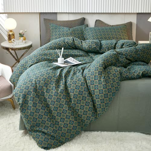 Boho Duvet Cover King Geometric Pattern,3Pcs Yarn-Dyed Muslin Cotton Duvet Cover Set Blue Green Flower Bedding Set for Girls Women Without Comforter