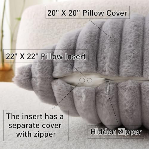 Decorative Throw Pillow with Inserts, Set of 2 Soft Faux Fur Throw Pillows, Square Boho Striped Pillow for Couch, Bed, Sofa Decor (Gray, 20" x 20"(Pack of 2))
