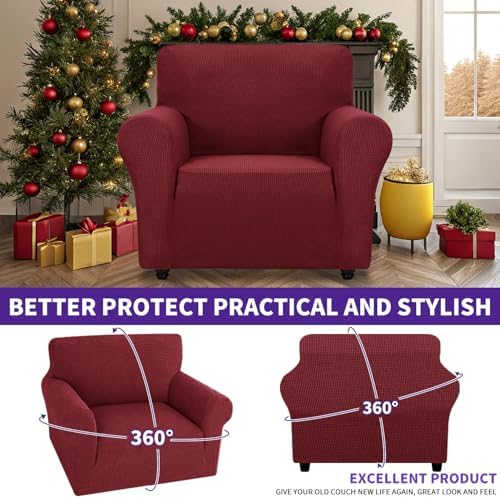ZNSAYOTX Super Stretch Chair Slipcover Universal Sofa Chair Covers for Living Room Dogs Pet Furniture Protector Spandex Armchair Slipcovers with Anti Slip Foam Sticks (Wine Red, Chair)