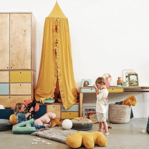 Bed Canopy with Frills Reading Nook Game Tent for Kids Boho Hanging Net Play Room Decor(Mustard)
