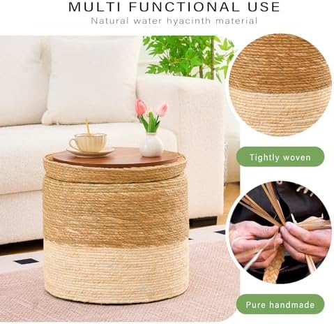 18'' Boho Pouf Storage Ottomans Natural Straw Rustic Handmade Lounge Pouffe