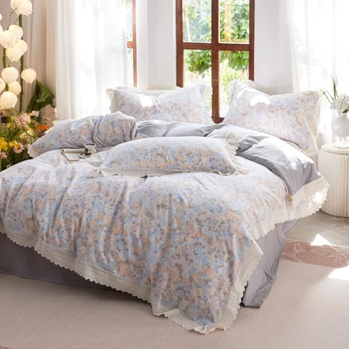 HighBuy Blue Ruffle Duvet Cover Set King Chic Muslin Cotton Floral Bedding Set,Vintage Ruffled Soft Gauze Comforter Cover,Comfortable Chic Lightweight - 1 Duvet Cover with 2 Pillowcase