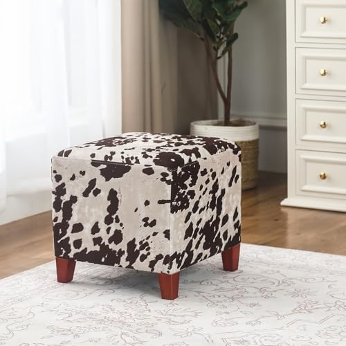 Joveco Square Ottoman Fabric Cube Foot Rest Stool with Wooden Legs, Footstool Small Ottoman Seat for Living Room Entryway (Cow Printing)