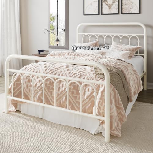 Allewie Full Size Metal Platform Bed Frame with Headboard, Cream