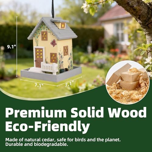 MEWANG Colorful Hanging Wooden Bird House Feeder, Light Yellow