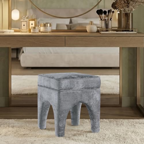 Get Set Style Upholstered Textured Woven Accent Stool, Arched Solid Wood Leg Ottoman Foot Rest, Square Decorative Bench for Living Room Entryway Bedroom (Charcoal)