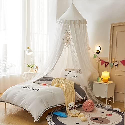 VETHIN Bed Canopy Double Layer Princess Round Dome Dreamy Mosquito Net Bedding Girls Room Castle Play Tent Hanging House Decor Reading Nook Canopies(White/White)