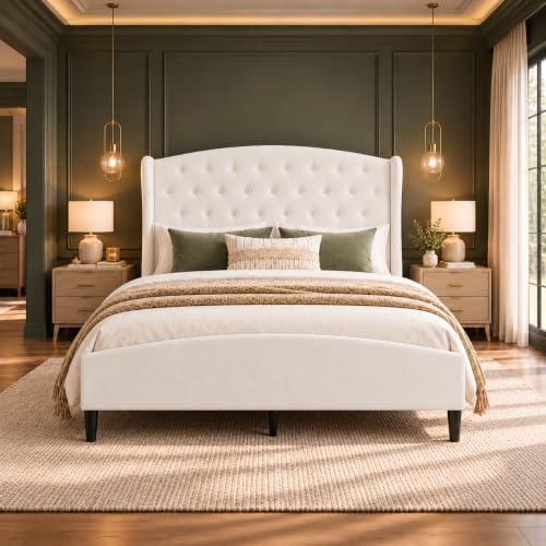 Queen Size Upholstered Bed Frame with 53" Velvet Headboard