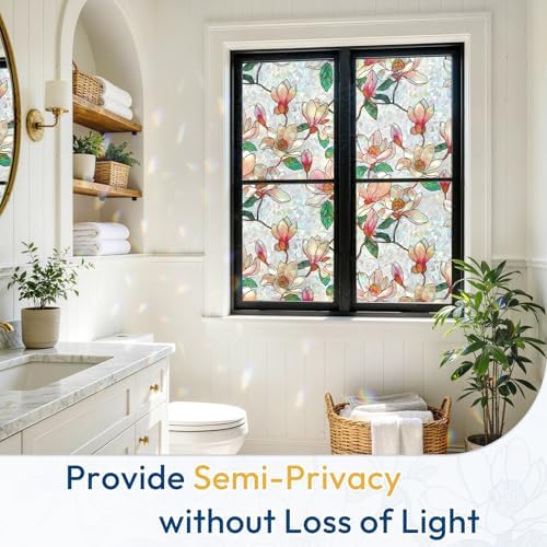 rabbitgoo Stained Glass Window Privacy Film, Magnolia, 17.5" x 118.1"