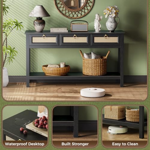 SUPERJARE Rattan Console Sofa Table with Outlets, USB-C Port and 3 Drawers