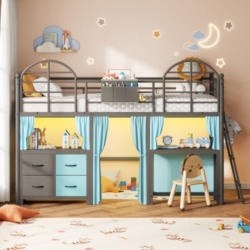 Twin Low Loft Bed with Desk & 4 Storage Drawers, Smart LED Lights,Dark Grey
