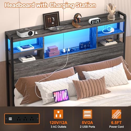 Aheaplus Headboard for Twin Size Bedwith Storage and Outlets, Black Oak