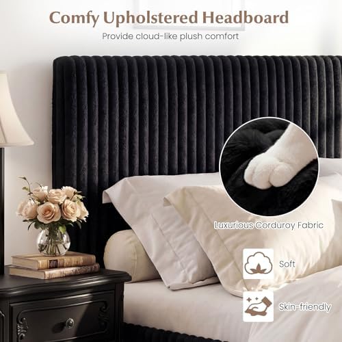 GIANTEX Queen Size Lift Up Storage Bed, Modern Corduroy Upholstered Platform w/Wingback Headboard, Hydraulic Support, Queen Bed Frame with Storage, No Box Spring Needed (Black)