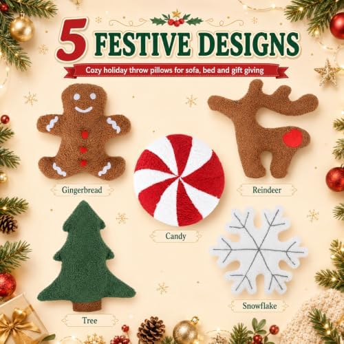 Cumule 5 Pcs Christmas Throw Pillows Cute Xmas Tree Candy Gingerbread Reindeer Snowflake Shaped Plush Pillow for Christmas Winter Holiday Party Outdoor Bedroom Cushion Decoration