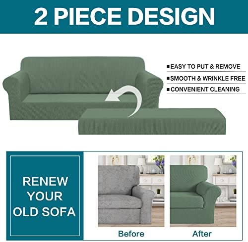 Turquoize Stretch Sofa Slipcover 2 Pieces Sofa Cover Couch Cover for 3 Cushion Couch Washable Furniture Protector Covers with Elastic Bottom Feature Thick Jacquard Fabric (Sofa, Loden Frost)