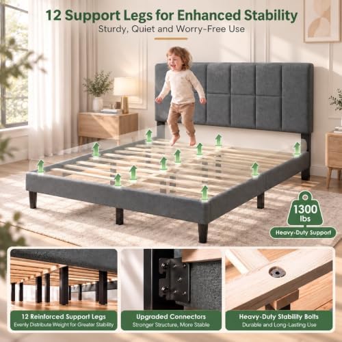 Marsail Full Bed Frame with Headboard & 12 Inch Full Size Mattress Set,Gray